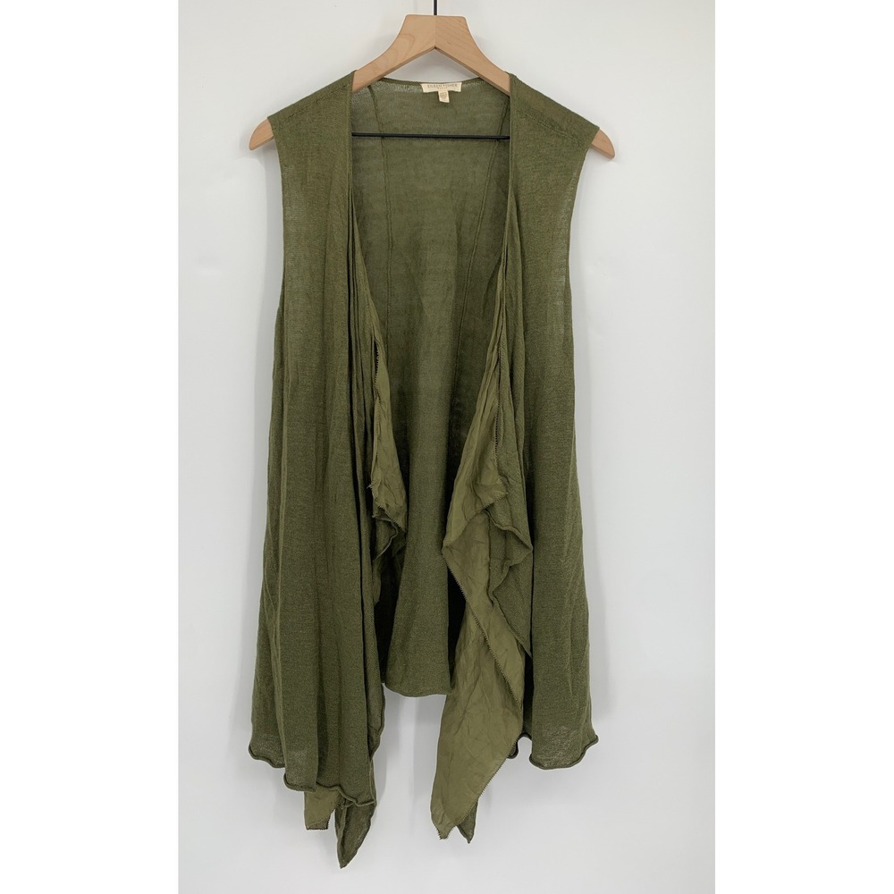 Eileen Fisher Vest Womens 1X Green Linen Silk Drape Open Front Layering Cardigan